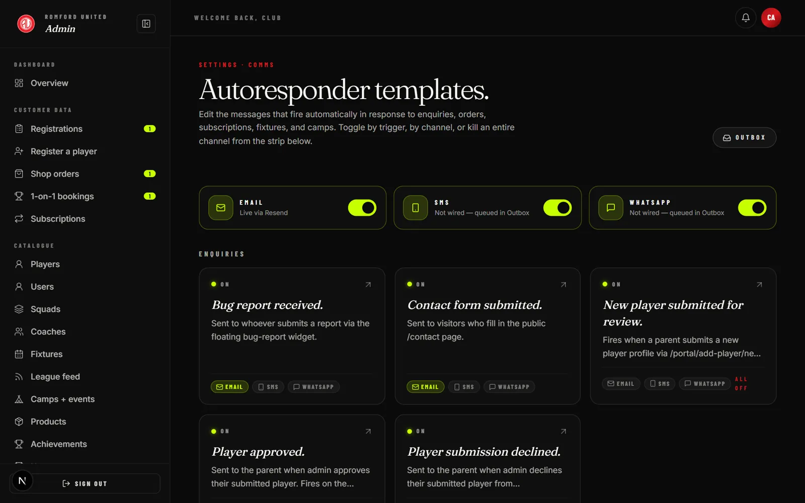 Comms engine showing email, SMS and WhatsApp channel toggles with trigger templates