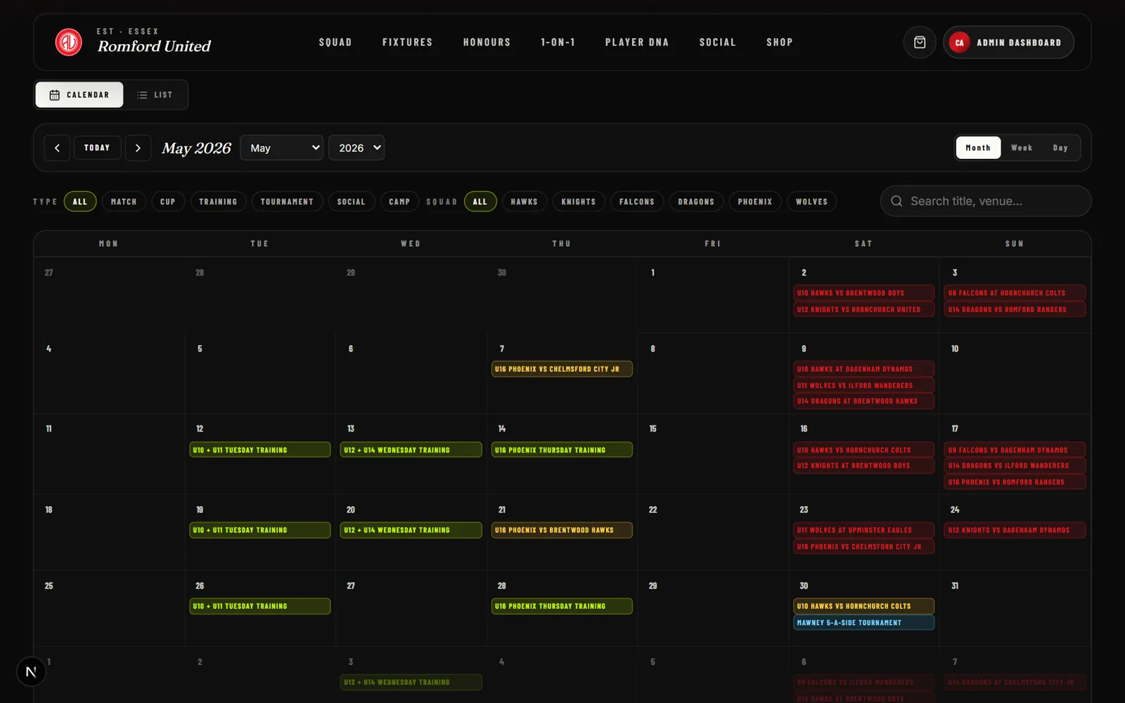 Fixtures calendar with colour-coded matches, training and tournaments